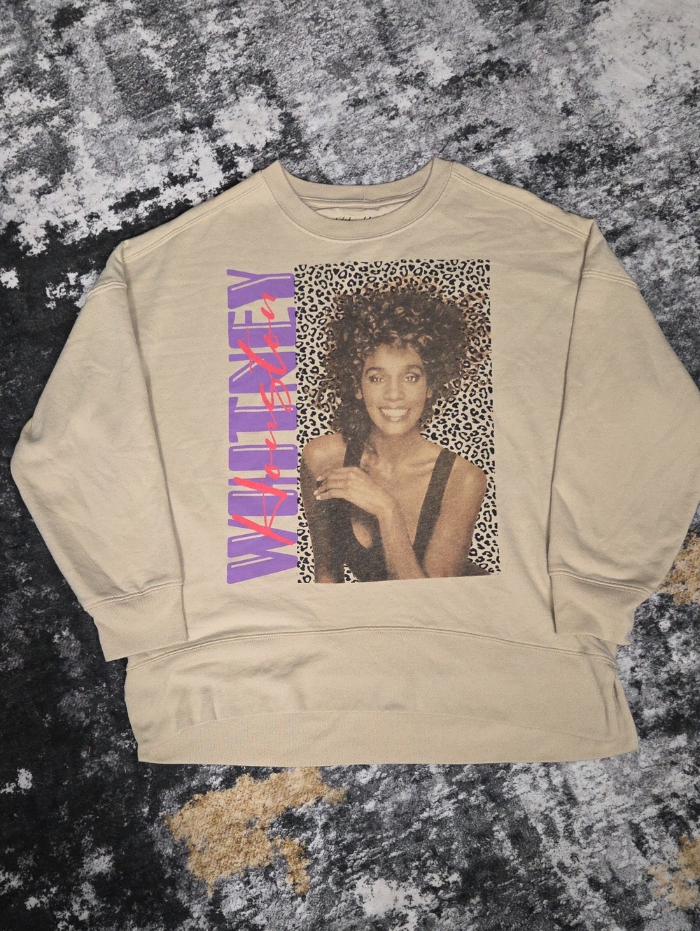 Whitney Houston Graphic Sweatshirt Cream Leopard Print Size S
